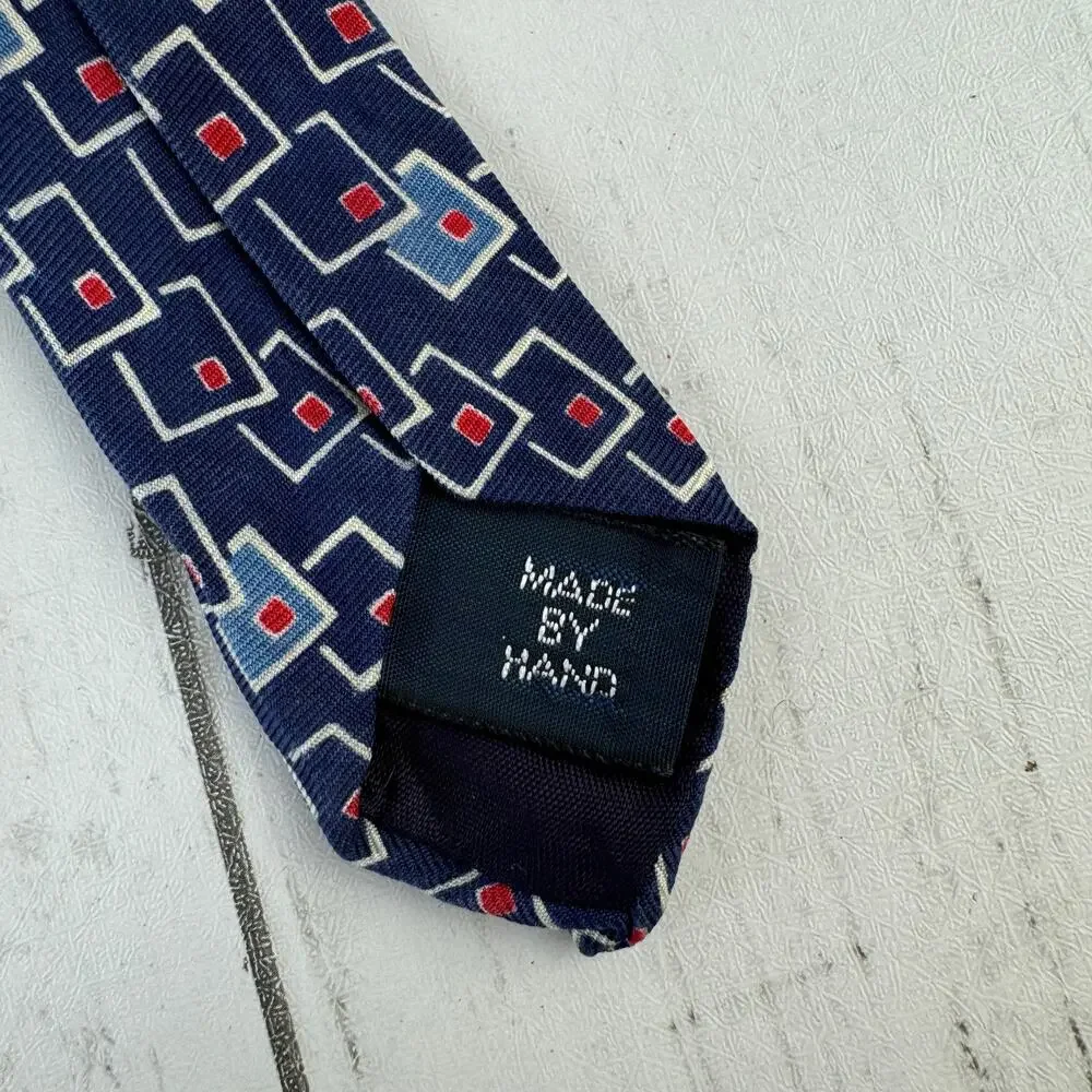 VTG Polo Ralph Lauren Blue/White Silk Handmade Geometric Neck Tie USA